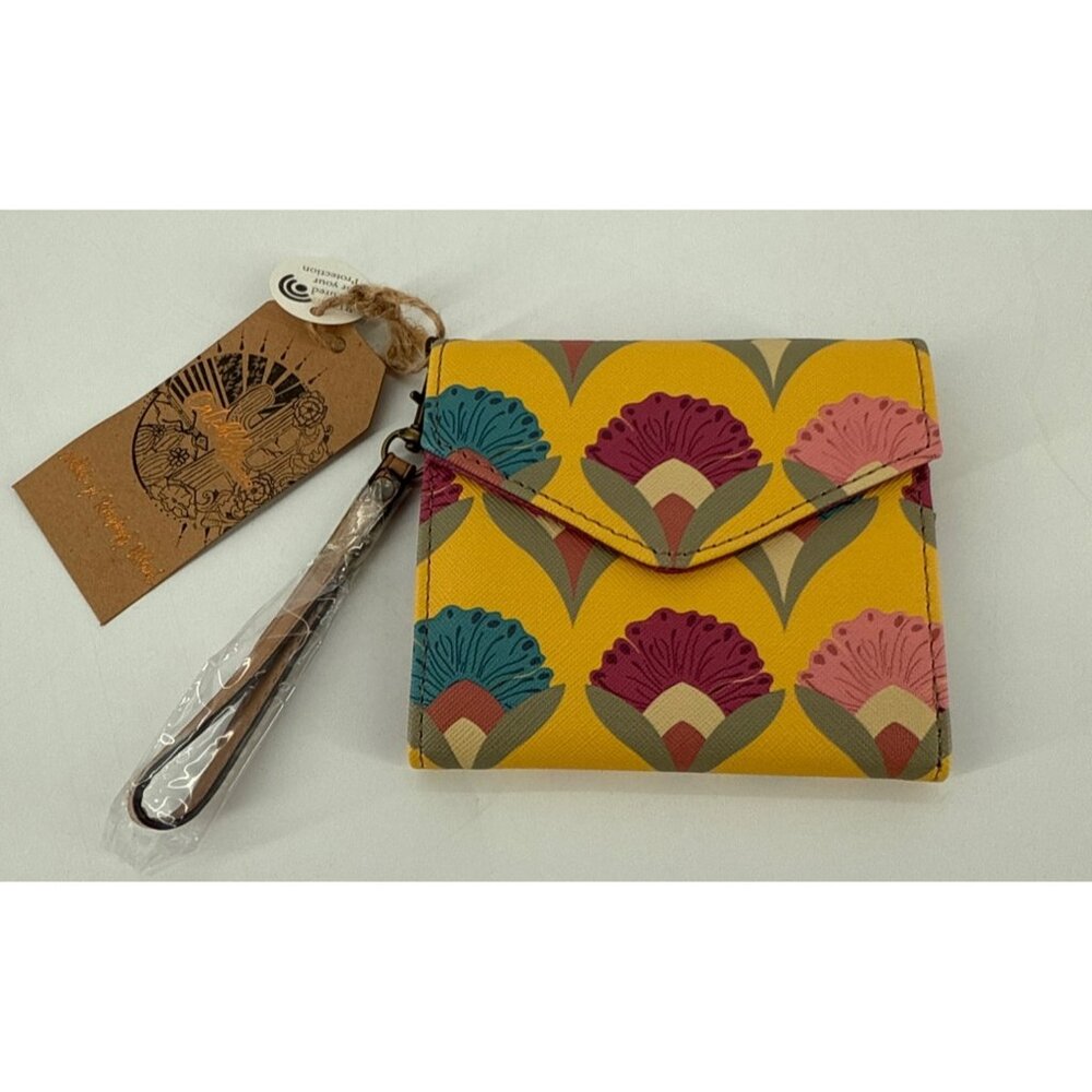 Catchfly Studio RFID  Wallet Removable Wristlet Strap Yellow Multicolor Floral